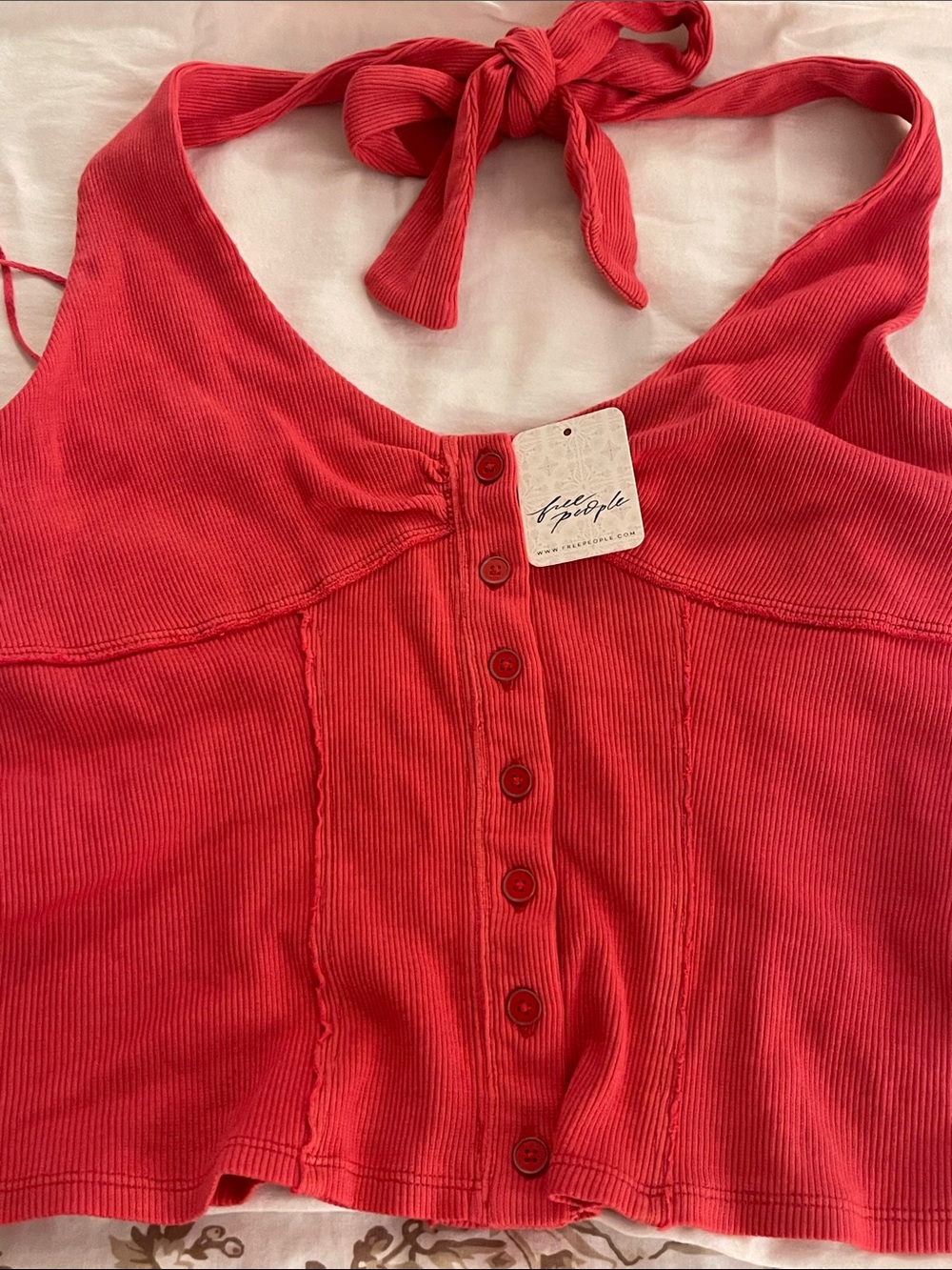 Free People Red Ribbed Halter Button-Front Top